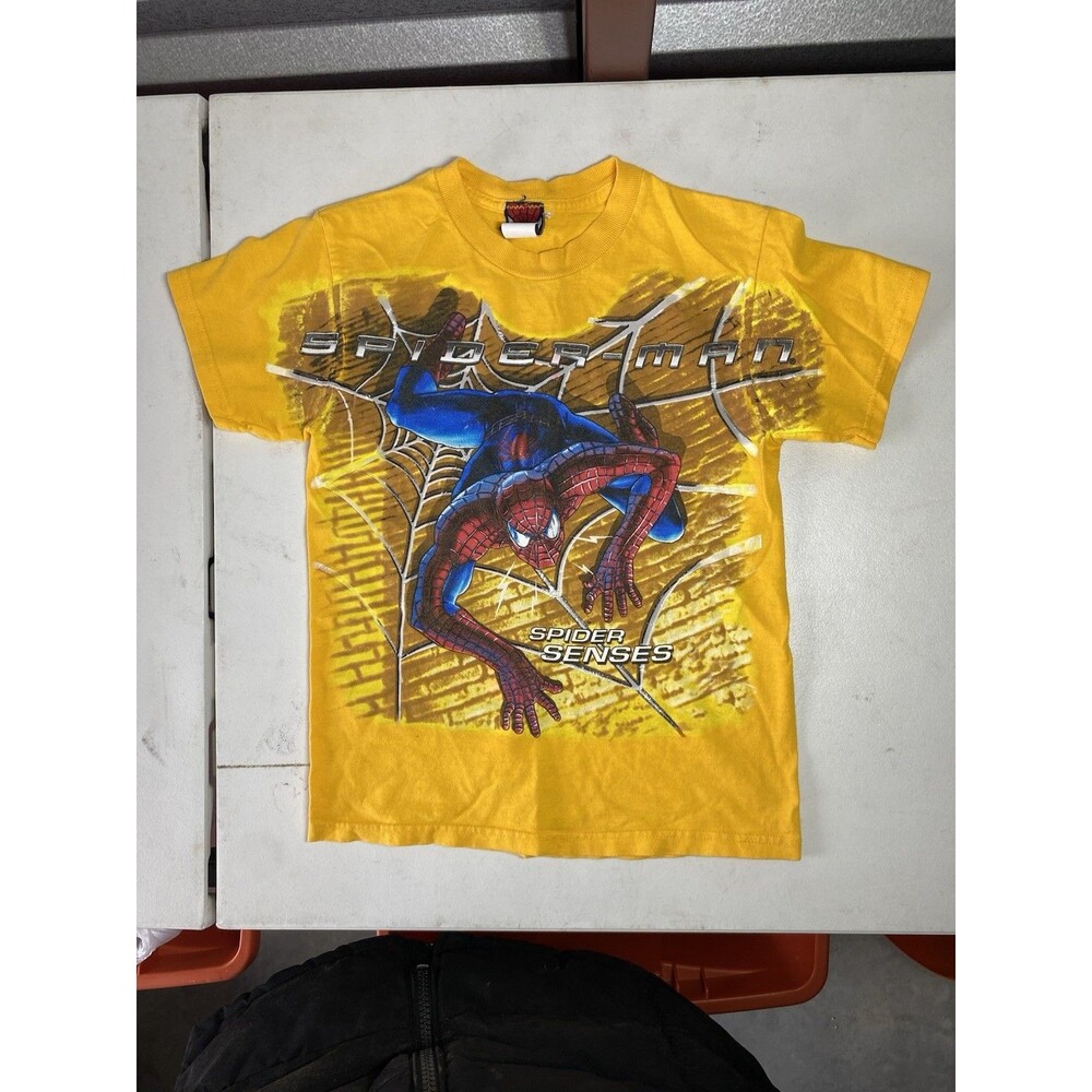 Vintage 2002 Spider-Man Movie T-Shirt Yellow Graphic Tee Rare Marvel Size Kids M